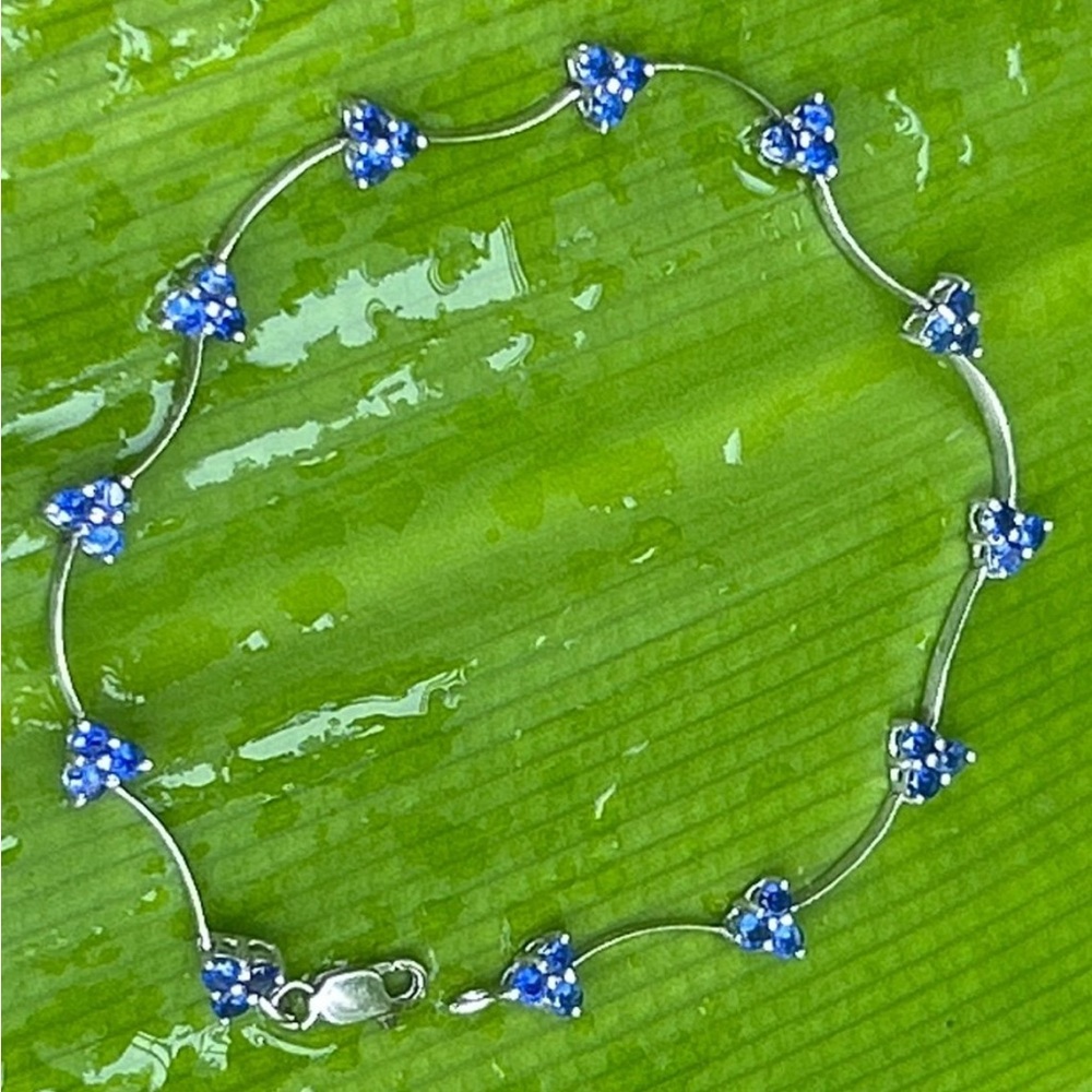 Vintage 10k solid white gold blue sapphire flora station link bracelet no scrap